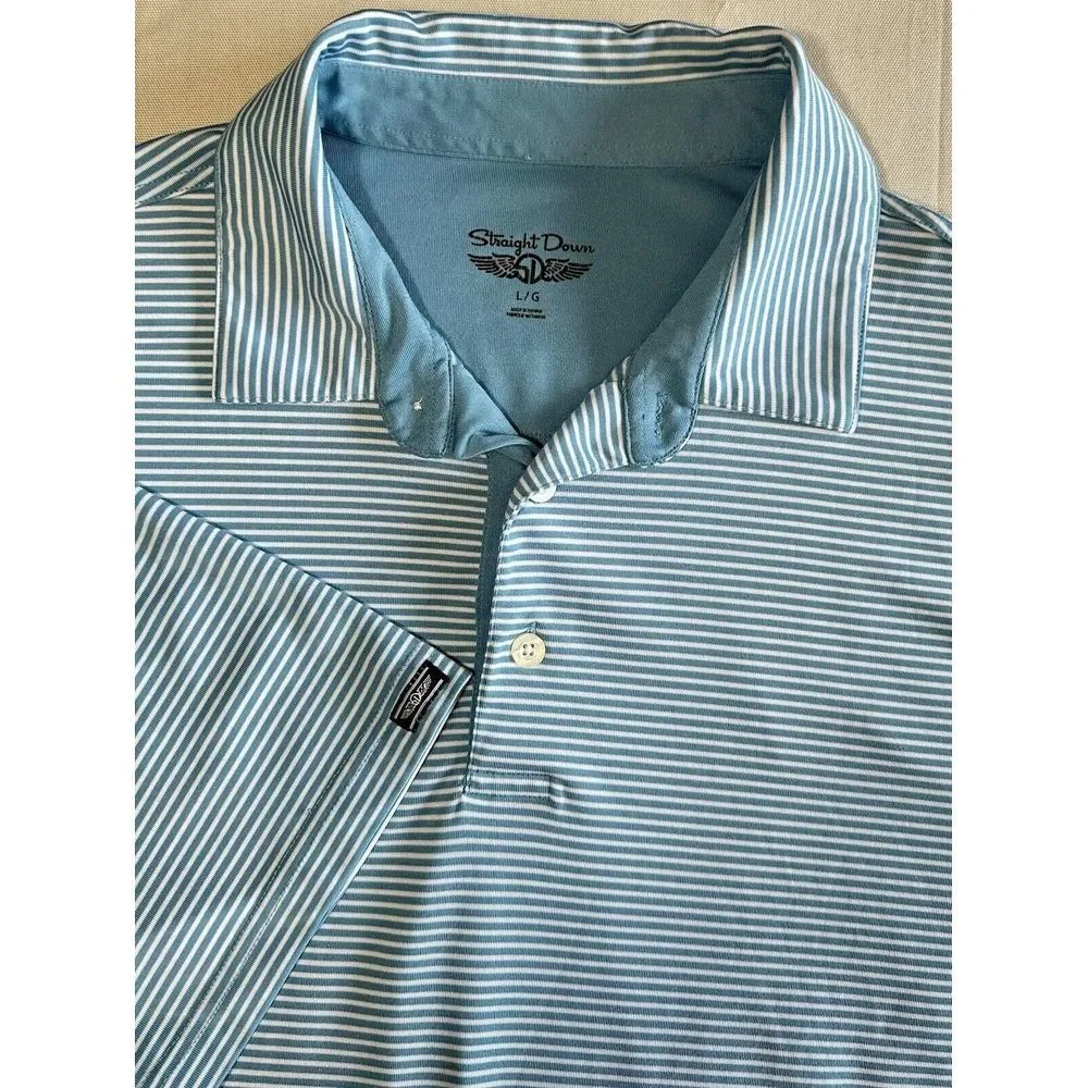 STRAIGHT DOWN Mens Golf Polo Shirt BLUE White Striped Short Sleeve Stretch L